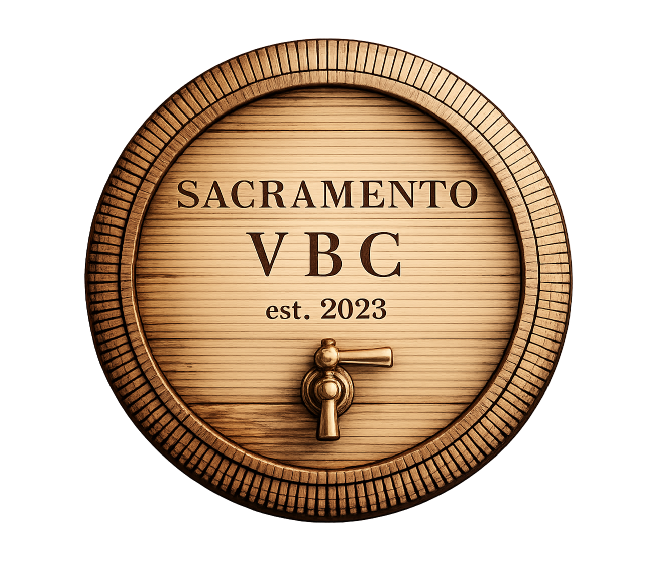Wooden barrel with "Sacramento VBC est. 2023".