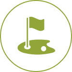 Golf hole with flag and ball icon.